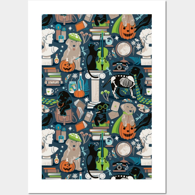 Labracadabrador halloween magic puppies // pattern // nile blue background teal limerick green and mint details black and yellow Labrador Retriever dogs Wall Art by SelmaCardoso